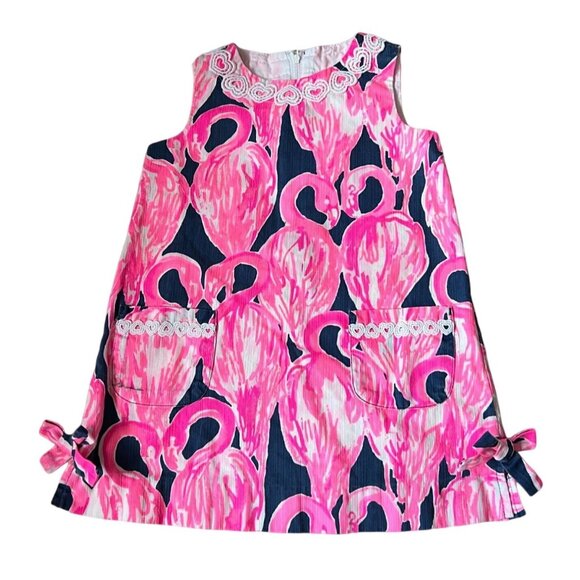Lilly Pulitzer Shift Dress High Tide Navy Via Amor Flamingos Hearts Size 3 Pocke - Picture 1 of 8